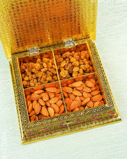 Oxidized Dry Fruit Box Embossed with Peacock - Gold - 8x8 inch - WBG1980 - Dry Fruit Box RG