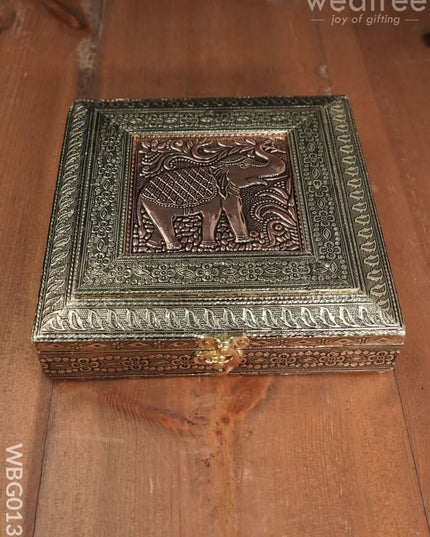 Oxidized Golden And Red Embossed Dry Fruit Box With Elephant Floral Design - 8X8 Inches Wbg0138
