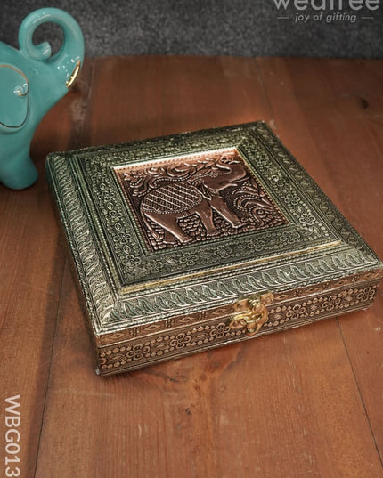 Oxidized Golden And Red Embossed Dry Fruit Box With Elephant Floral Design - 8X8 Inches Wbg0138