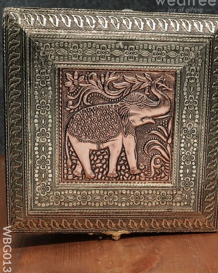 Oxidized Golden And Red Embossed Dry Fruit Box With Elephant Floral Design - 8X8 Inches Wbg0138
