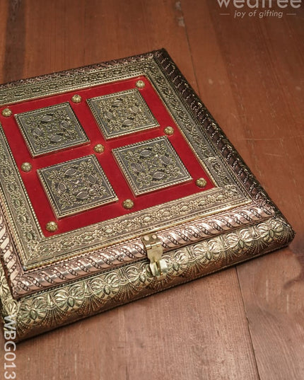 Oxidized Golden And Red Embossed Dry Fruit Box With Floral Design - 10X10 Inches Wbg0136