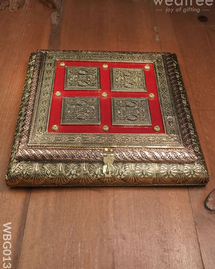 Oxidized Golden And Red Embossed Dry Fruit Box With Floral Design - 10X10 Inches Wbg0136