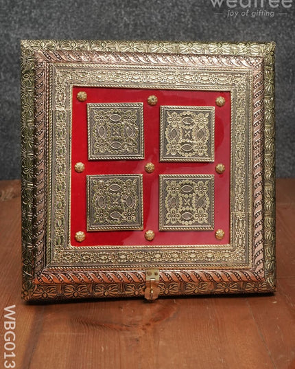 Oxidized Golden And Red Embossed Dry Fruit Box With Floral Design - 10X10 Inches Wbg0136