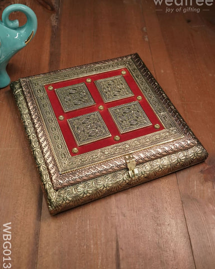 Oxidized Golden And Red Embossed Dry Fruit Box With Floral Design - 10X10 Inches Wbg0136