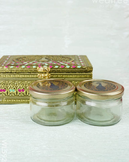 Oxidized Peacock Design - Dry Fruit Box with 2 Jar - 8 inch - WL5924 - Dry Fruit Box