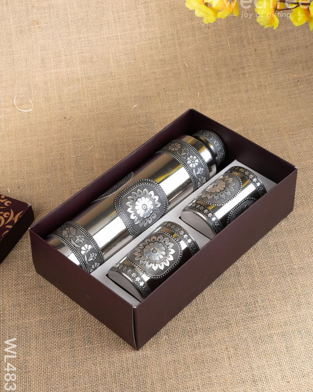 Oxidized Water Bottle with Oxidized Glass - Set of 2 - 10 inch - WL4832 - Bottles & mugs