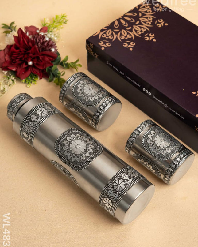 Oxidized Water Bottle with Oxidized Glass - Set of 2 - 10 inch - WL4832 Bottles & mugs