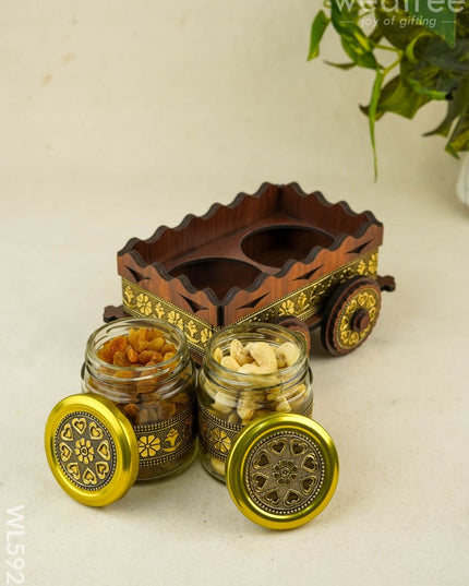 Oxidized Wooden Cart with 2 Dry Fruit Jar - WL5928 - Dry Fruit Box
