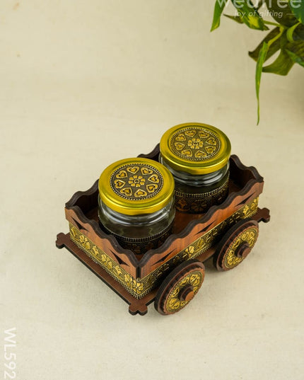 Oxidized Wooden Cart with 2 Dry Fruit Jar - WL5928 - Dry Fruit Box