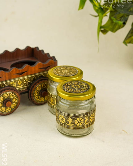 Oxidized Wooden Cart with 2 Dry Fruit Jar - WL5928 - Dry Fruit Box