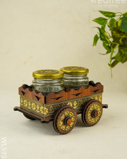 Oxidized Wooden Cart with 2 Dry Fruit Jar - WL5928 - Dry Fruit Box