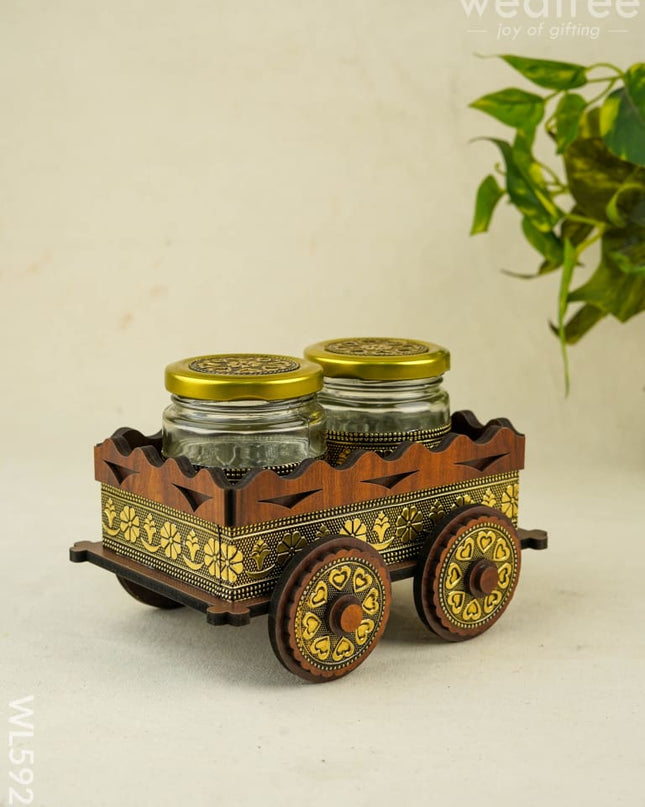 Oxidized Wooden Cart with 2 Dry Fruit Jar - WL5928 - Dry Fruit Box