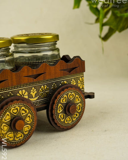 Oxidized Wooden Cart with 2 Dry Fruit Jar - WL5928 - Dry Fruit Box