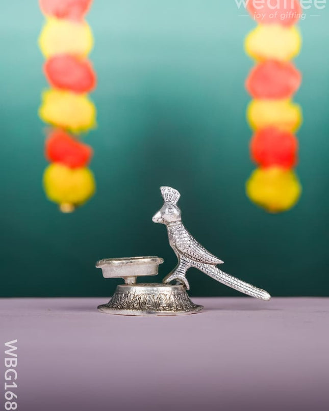 White Metal Parrot with Diya - 4 inch - WL4895 White Metal