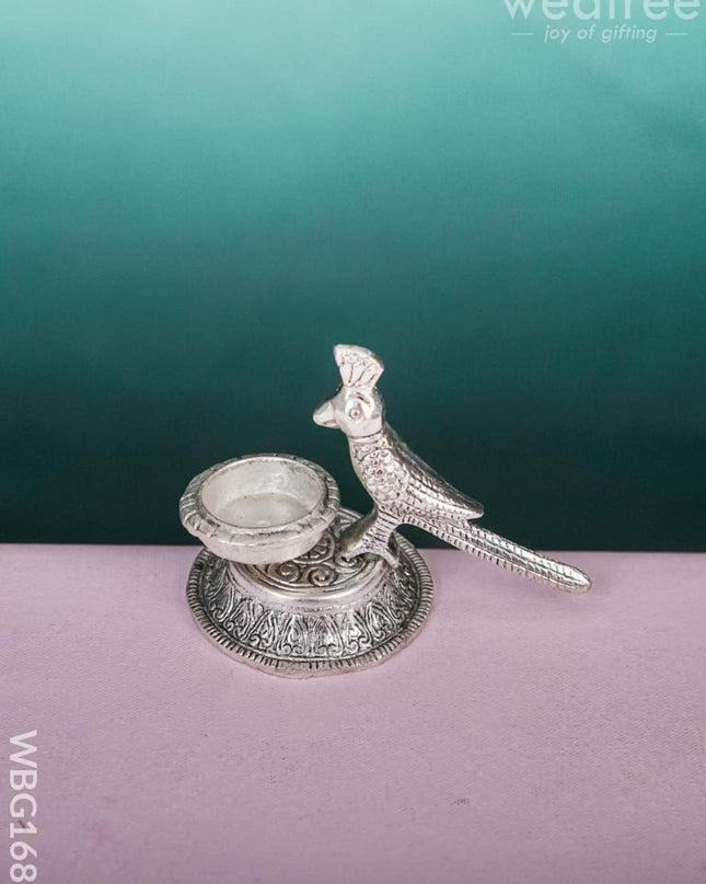 White Metal Parrot with Diya - 4 inch - WL4895 White Metal