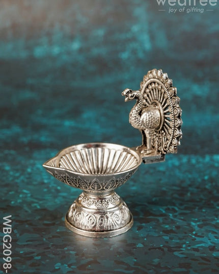 Peacock Diya - 3 inch - Antique - WBG2098-2 - White Metal Diya RG