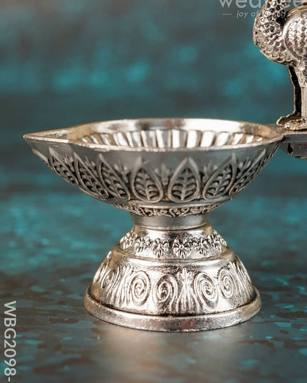 Peacock Diya - 3 inch - Antique - WBG2098-2 - White Metal Diya RG