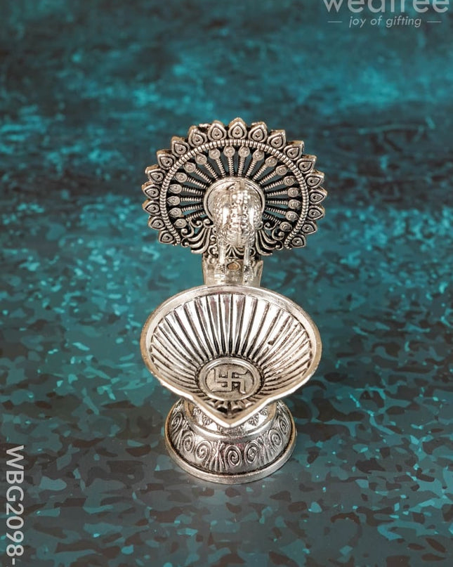 Peacock Diya - 3 inch - Antique - WBG2098-2 - White Metal Diya RG