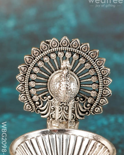 Peacock Diya - 3 inch - Antique - WBG2098-2 - White Metal Diya RG