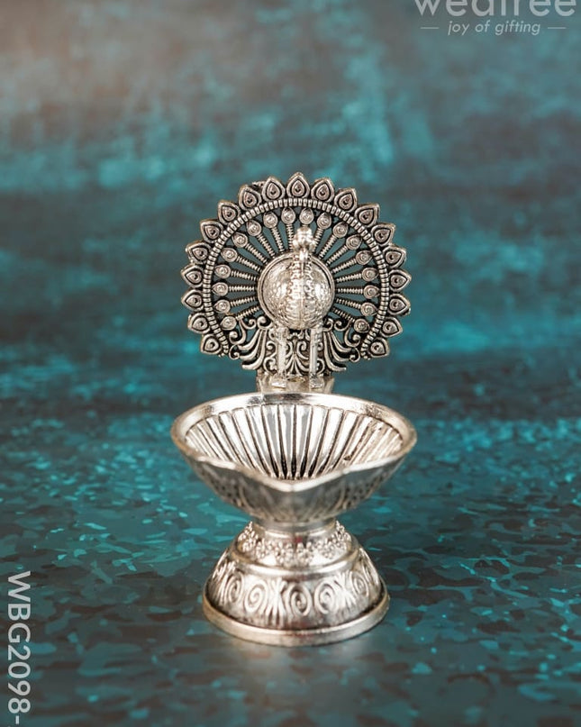 Peacock Diya - 3 inch - Antique - WBG2098-2 - White Metal Diya RG