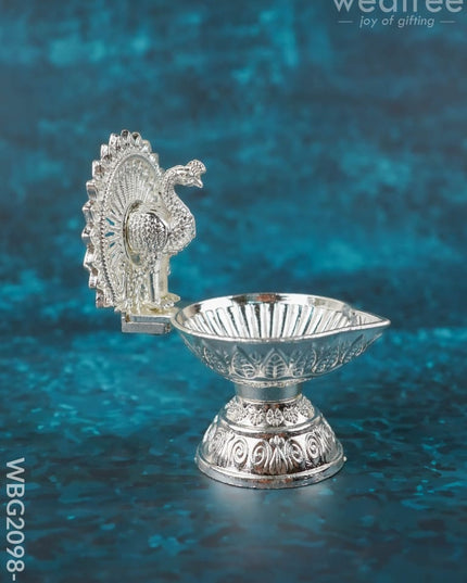 Peacock Diya - 3 inch - Silver Finish - WBG2098-1 - White Metal Diya RG