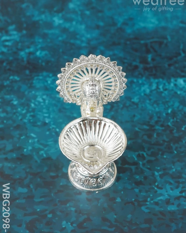 Peacock Diya - 3 inch - Silver Finish - WBG2098-1 - White Metal Diya RG