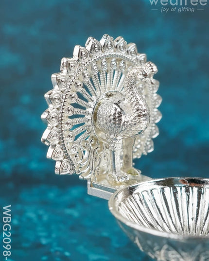 Peacock Diya - 3 inch - Silver Finish - WBG2098-1 - White Metal Diya RG
