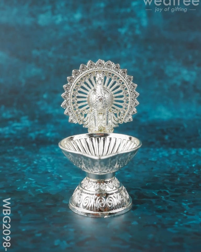 Peacock Diya - 3 inch - Silver Finish - WBG2098-1 - White Metal Diya RG