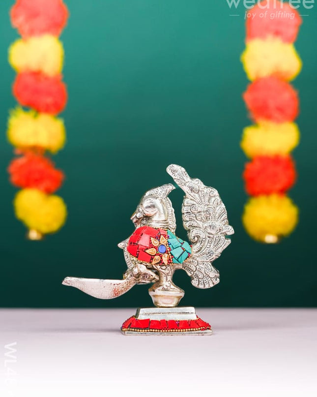 White Metal Peacock with Diya - 5 inch - WL4891 White Metal