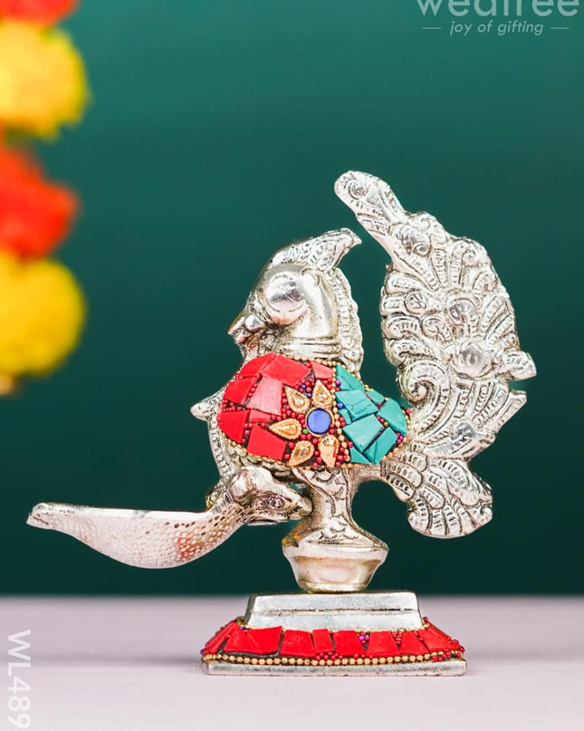 White Metal Peacock with Diya - 5 inch - WL4891 White Metal