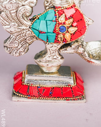 White Metal Peacock with Diya - 5 inch - WL4891 White Metal