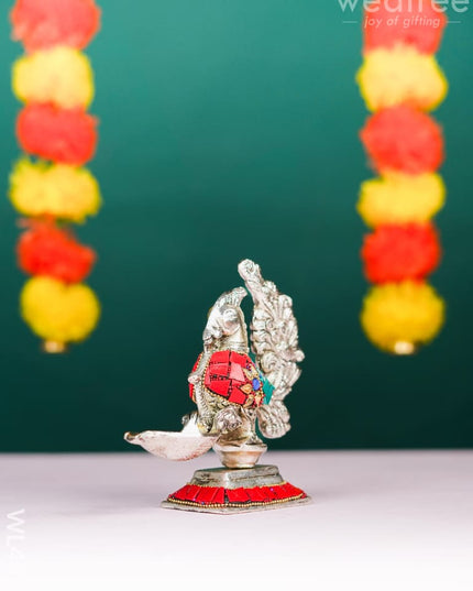 White Metal Peacock with Diya - 5 inch - WL4891 White Metal