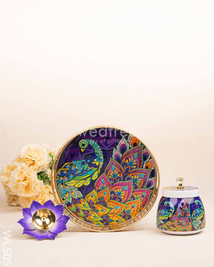 Peacock Themed Metal Tray with Dry Fruit Jar and Diya Set - WL5056 Metal Decor Utility