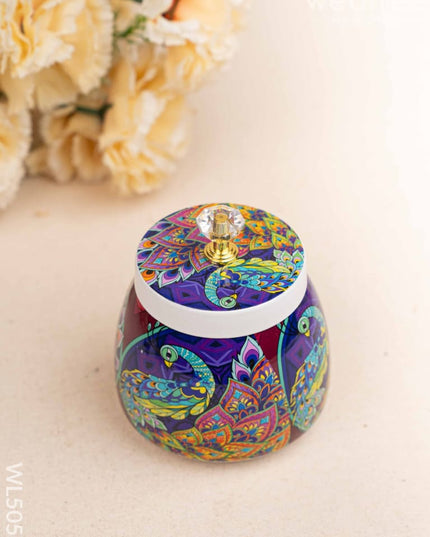 Peacock Themed Metal Tray with Dry Fruit Jar and Diya Set - WL5056 Metal Decor Utility