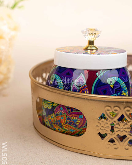 Peacock Themed Metal Tray with Dry Fruit Jar and Diya Set - WL5056 Metal Decor Utility