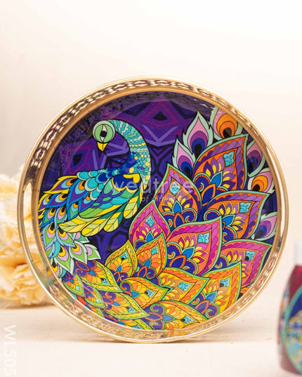 Peacock Themed Metal Tray with Dry Fruit Jar and Diya Set - WL5056 Metal Decor Utility