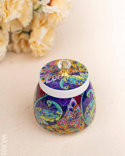 Peacock Themed Metal Tray with Dry Fruit Jar and Diya Set - WL5056 Metal Decor Utility