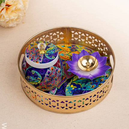 Peacock Themed Metal Tray with Dry Fruit Jar and Diya Set - WL5056 Metal Decor Utility