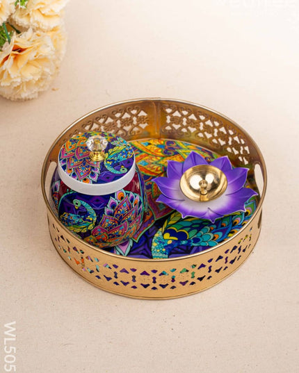 Peacock Themed Metal Tray with Dry Fruit Jar and Diya Set - WL5056 Metal Decor Utility