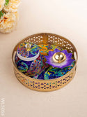 Peacock Themed Metal Tray with Dry Fruit Jar and Diya Set - WL5056 Metal Decor Utility