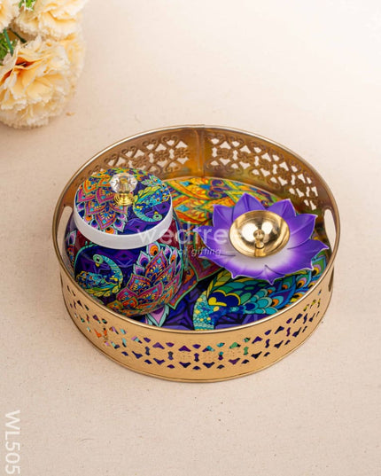 Peacock Themed Metal Tray with Dry Fruit Jar and Diya Set - WL5056 Metal Decor Utility