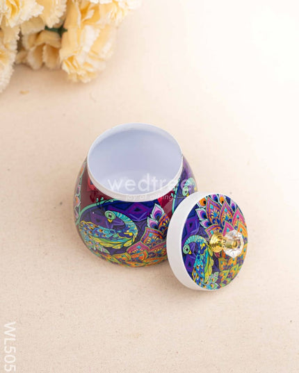 Peacock Themed Metal Tray with Dry Fruit Jar and Diya Set - WL5056 Metal Decor Utility
