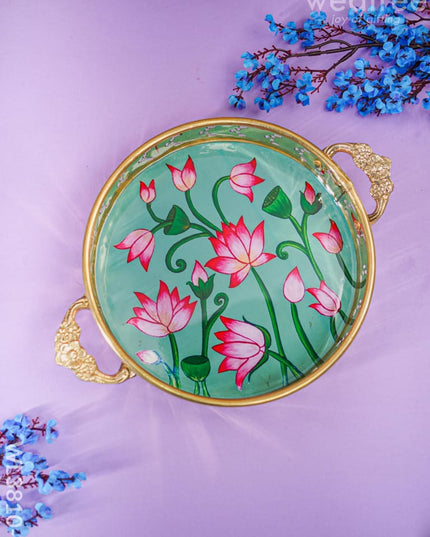 Pichwai Printed Brass Tray - 9 Inch Wl3810 Green Utility