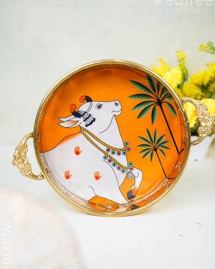 Pichwai Printed Brass Tray - 9 Inch Wl3810 Orange Utility