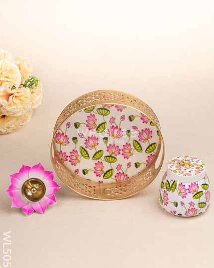 Pichwai Themed Metal Tray with Dry Fruit Jar and Diya Set - WL5054 Metal Decor Utility