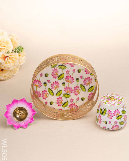 Pichwai Themed Metal Tray with Dry Fruit Jar and Diya Set - WL5054 Metal Decor Utility
