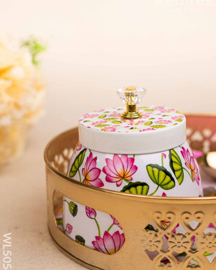 Pichwai Themed Metal Tray with Dry Fruit Jar and Diya Set - WL5054 Metal Decor Utility