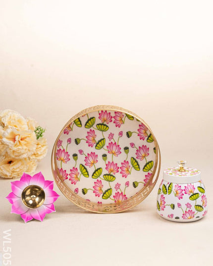 Pichwai Themed Metal Tray with Dry Fruit Jar and Diya Set - WL5054 Metal Decor Utility