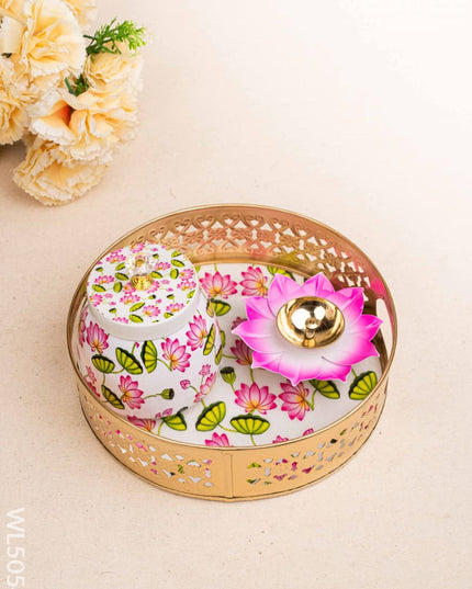Pichwai Themed Metal Tray with Dry Fruit Jar and Diya Set - WL5054 Metal Decor Utility