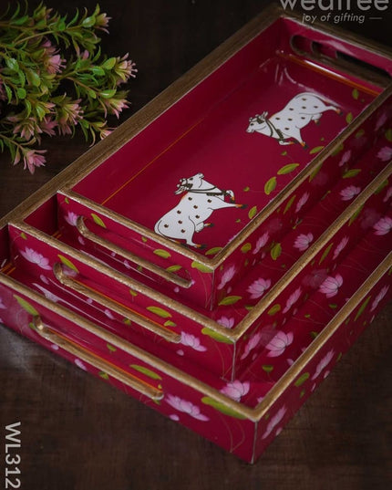 Digital Printed Pichwai Trays (Pink) - Set Of 3 Wl3126 Wooden